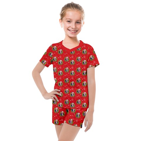 Trump Wrait Pattern Make Christmas Great Again Maga Funny Red Gift With Snowflakes And Trump Face Smiling Kids  Mesh Tee And Shorts Set by snek