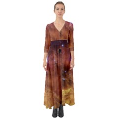 Cosmic Astronomy Sky With Stars Orange Brown And Yellow Button Up Boho Maxi Dress by genx