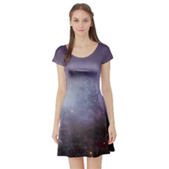 Orion Nebula Pastel Violet Purple Turquoise Blue Star Formation Short Sleeve Skater Dress by genx