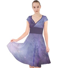 Orion Nebula Pastel Violet Purple Turquoise Blue Star Formation Cap Sleeve Front Wrap Midi Dress by genx