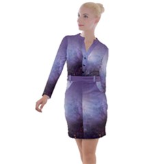 Orion Nebula Pastel Violet Purple Turquoise Blue Star Formation Button Long Sleeve Dress by genx