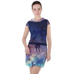 Lagoon Nebula Interstellar Cloud Pastel Pink, Turquoise And Yellow Stars Drawstring Hooded Dress by genx