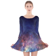Lagoon Nebula Interstellar Cloud Pastel Pink, Turquoise And Yellow Stars Long Sleeve Velvet Skater Dress by genx