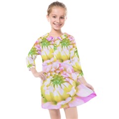 Pretty Pink, White And Yellow Cactus Dahlia Macro Kids  Quarter Sleeve Shirt Dress by myrubiogarden