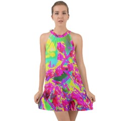 Psychedelic Succulent Sedum Turquoise And Yellow Halter Tie Back Chiffon Dress