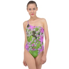 Hot Pink Succulent Sedum With Fleshy Green Leaves Classic One Shoulder Swimsuit by myrubiogarden