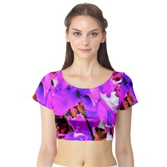 Abstract Ultra Violet Purple Iris On Red And Pink Short Sleeve Crop Top by myrubiogarden