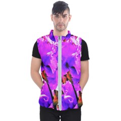 Abstract Ultra Violet Purple Iris On Red And Pink Men s Puffer Vest by myrubiogarden