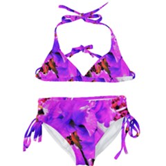 Abstract Ultra Violet Purple Iris On Red And Pink Kids  Classic Bikini Set by myrubiogarden