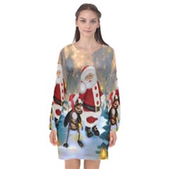 Merry Christmas, Santa Claus With Funny Cockroach In The Night Long Sleeve Chiffon Shift Dress  by FantasyWorld7