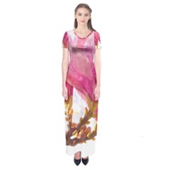 Wild Magnolia Flower, Watercolor Art Short Sleeve Maxi Dress by picsaspassion
