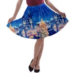 Dodger Blue Vintage Christmas Town A-line Skater Skirt