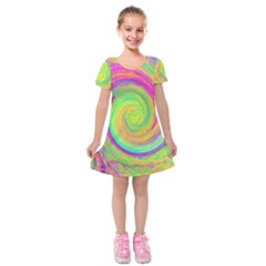 Groovy Abstract Purple And Yellow Liquid Swirl Kids  Short Sleeve Velvet Dress by myrubiogarden