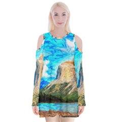 Painting Paintings Mountain Velvet Long Sleeve Shoulder Cutout Dress by Pakrebo