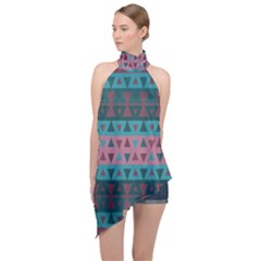 Teal And Pink Triangle Pattern Halter Asymmetric Satin Top