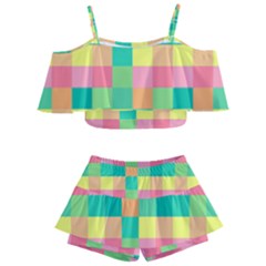 Checkerboard Pastel Squares Kids  Off Shoulder Skirt Bikini by Pakrebo