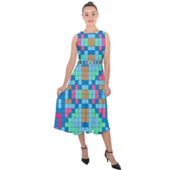 Checkerboard Squares Abstract Midi Tie-back Chiffon Dress by Pakrebo