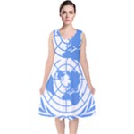 Blue Emblem of United Nations V-Neck Midi Sleeveless Dress 