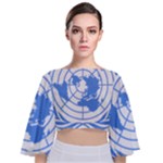 Blue Emblem of United Nations Tie Back Butterfly Sleeve Chiffon Top