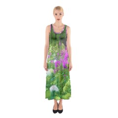 Annabella Hydrangeas And Purple Garden Landscape Sleeveless Maxi Dress by myrubiogarden