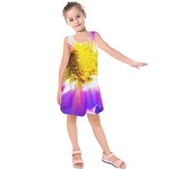 Purple, Pink And White Dahlia With A Bright Yellow Center Kids  Sleeveless Dress by myrubiogarden