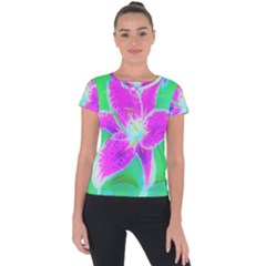 Hot Pink Stargazer Lily On Turquoise Blue And Green Short Sleeve Sports Top  by myrubiogarden