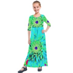 Aqua Cactus Dahlia Kids  Quarter Sleeve Maxi Dress by myrubiogarden