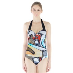 Blue Face King Graffiti Street Art Urban Blue And Orange Face Abstract Hiphop Halter Swimsuit by genx