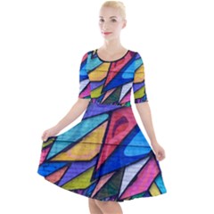 Urban Colorful Graffiti Brick Wall Industrial Scale Abstract Pattern Quarter Sleeve A-line Dress by genx