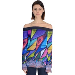 Urban Colorful Graffiti Brick Wall Industrial Scale Abstract Pattern Off Shoulder Long Sleeve Top by genx