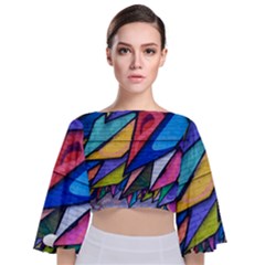 Urban Colorful Graffiti Brick Wall Industrial Scale Abstract Pattern Tie Back Butterfly Sleeve Chiffon Top