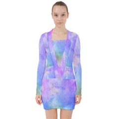 Background Abstract Purple Watercolor V-neck Bodycon Long Sleeve Dress