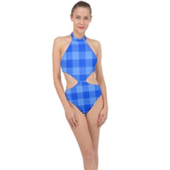 Fabric Grid Textile Deco Halter Side Cut Swimsuit by Alisyart