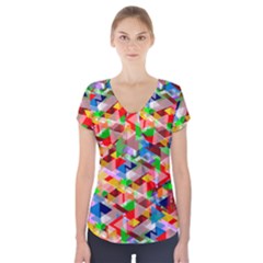Background Triangle Rainbow Short Sleeve Front Detail Top