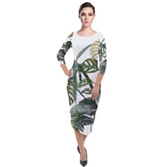 Botanical Illustration Palm Leaf Quarter Sleeve Midi Velour Bodycon Dress