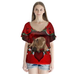 Wonderful German Shepherd With Heart And Flowers V-neck Flutter Sleeve Top by FantasyWorld7