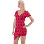 Red Magenta Wallpaper Seamless Pattern Short Sleeve Asymmetric Mini Dress