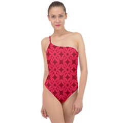 Red Magenta Wallpaper Seamless Pattern Classic One Shoulder Swimsuit by Alisyart