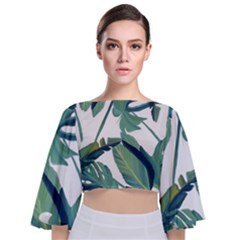 Plants Leaves Tropical Nature Tie Back Butterfly Sleeve Chiffon Top