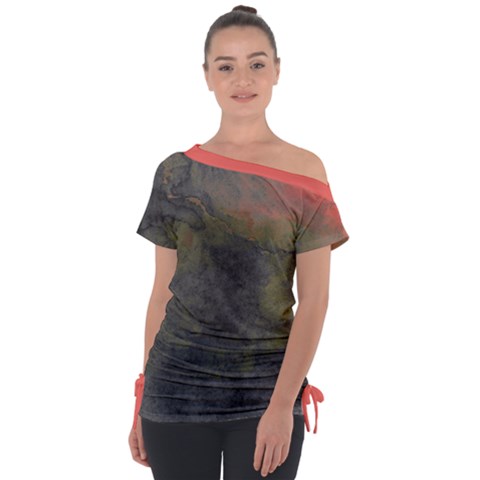 Coral Watercolor Abstract Off Shoulder Tie-up Tee by TopitOff