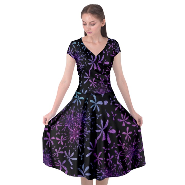 Retro Lilac Pattern Cap Sleeve Wrap Front Dress