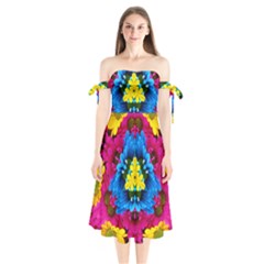 Flowers Kaleidoscope Mandala Shoulder Tie Bardot Midi Dress