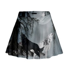 Awesome Black And White Wolf In The Dark Night Mini Flare Skirt by FantasyWorld7