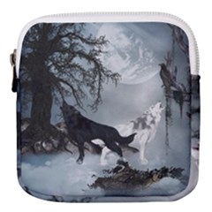 Awesome Black And White Wolf In The Dark Night Mini Square Pouch by FantasyWorld7