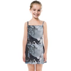 Awesome Black And White Wolf In The Dark Night Kids  Summer Sun Dress by FantasyWorld7