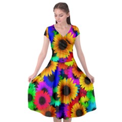 Sunflower Colorful Cap Sleeve Wrap Front Dress by Mariart