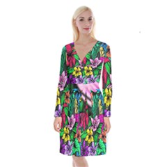 Neon Hibiscus Long Sleeve Velvet Front Wrap Dress