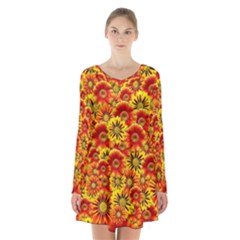 Brilliant Orange And Yellow Daisies Long Sleeve Velvet V-neck Dress by retrotoomoderndesigns