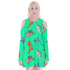 Dinosaurs - Aqua Green Velvet Long Sleeve Shoulder Cutout Dress by WensdaiAmbrose