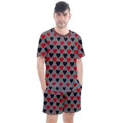 Red & Black Hearts - Grey Men s Mesh Tee And Shorts Set
